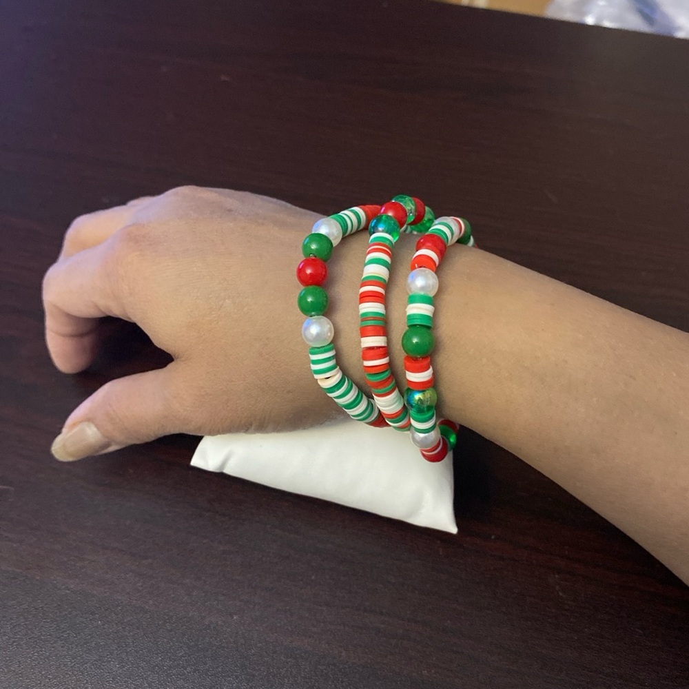 Handmade red and Green Beaded Stretchy Bracelet Set